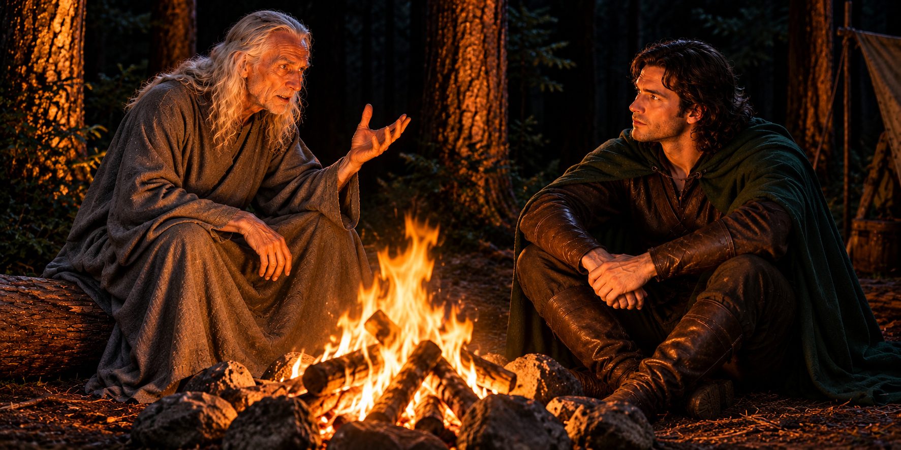 A night camp in a forest: a white-haired old man in a plain robe making a point across a campfire to a young man in a green cloak, both faces lit by the flames