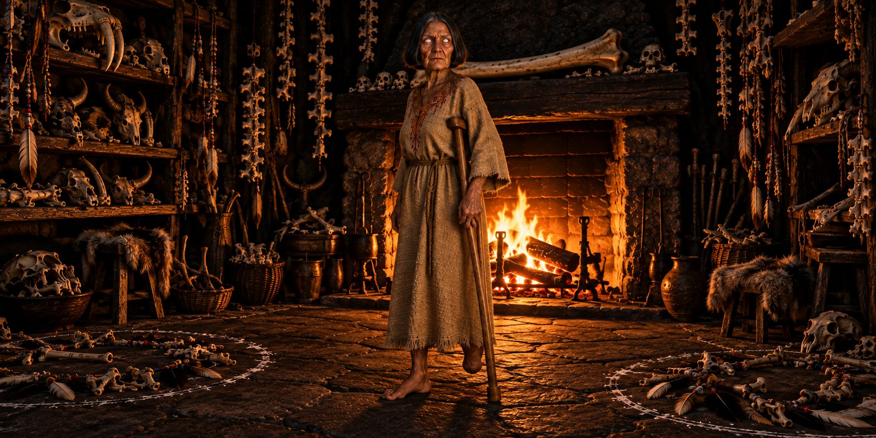 The inside of a small stone house at night, its walls covered floor to ceiling with animal skulls and hanging strings of bone, a tall old woman in a tan robe standing among them with a crutch