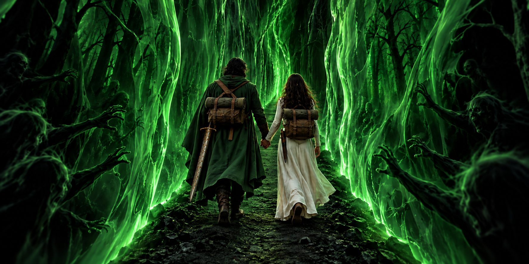 A narrow path running between two towering walls of wavy green light, a man and a woman walking it hand in hand, everything beyond the light absolute blackness