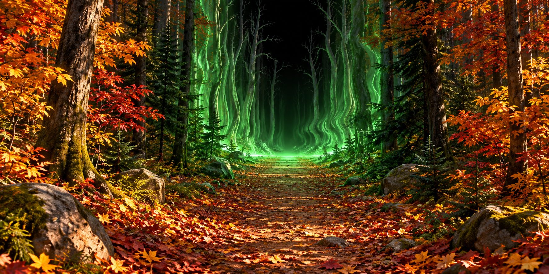 The Boundary from the living side: an autumn trail running into a wall of green light among the trunks, the way ahead lost in darkness