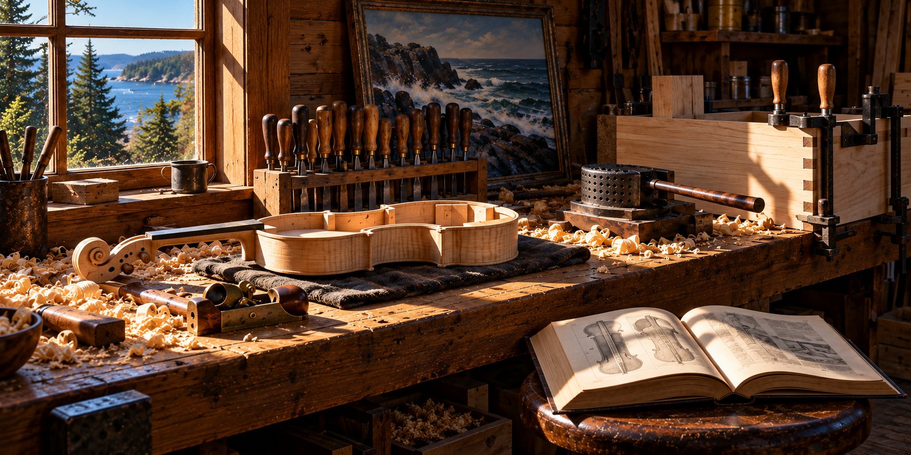 A craftsman’s workroom in sunlight: an unfinished violin on the bench, a rack of chisels, a painted seascape on the wall, an open book on a stool
