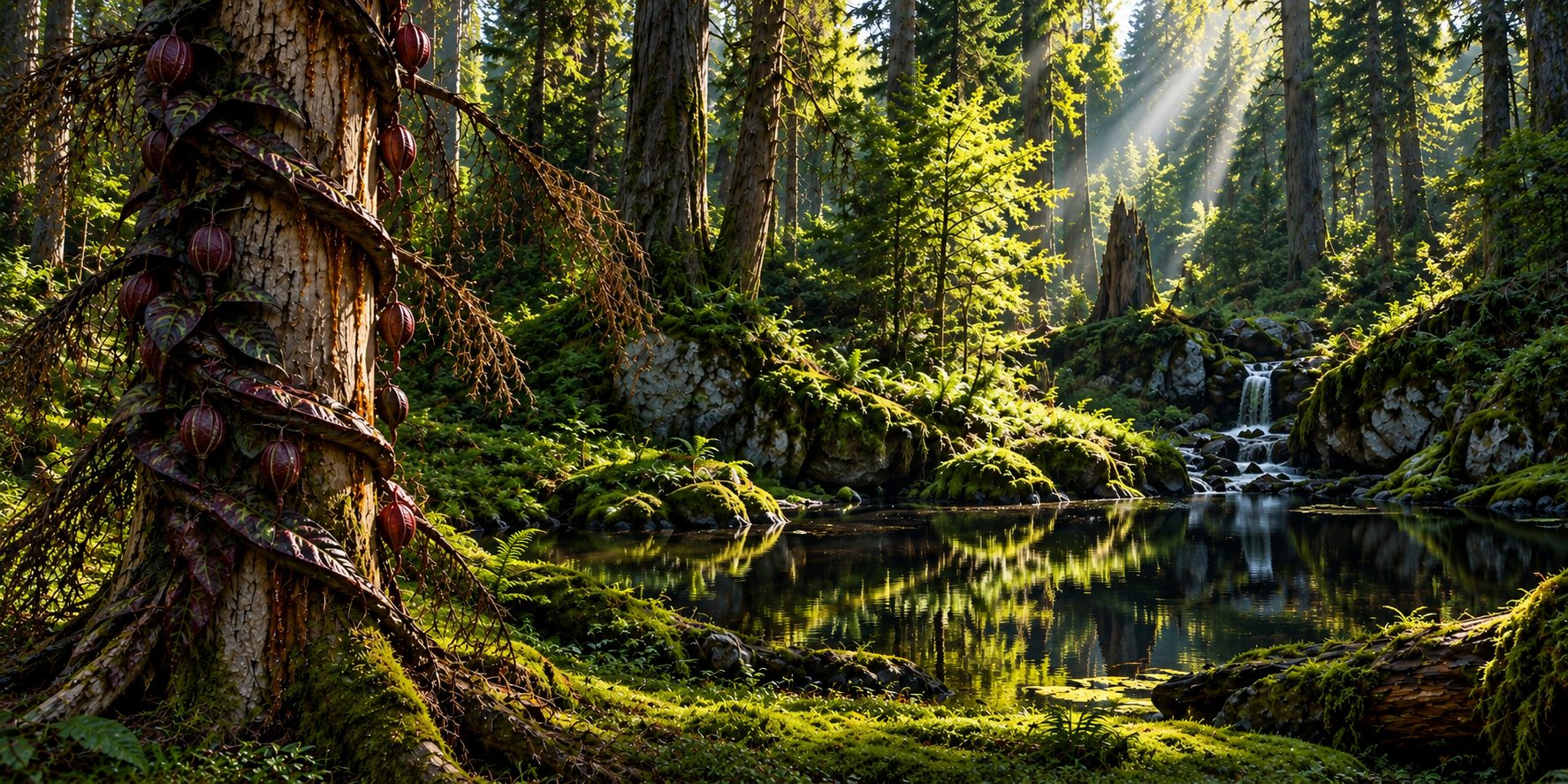 A forest of high firs above still black water, sunlight slanting between the trunks, a vine of dark pods and veined leaves wound around the nearest tree