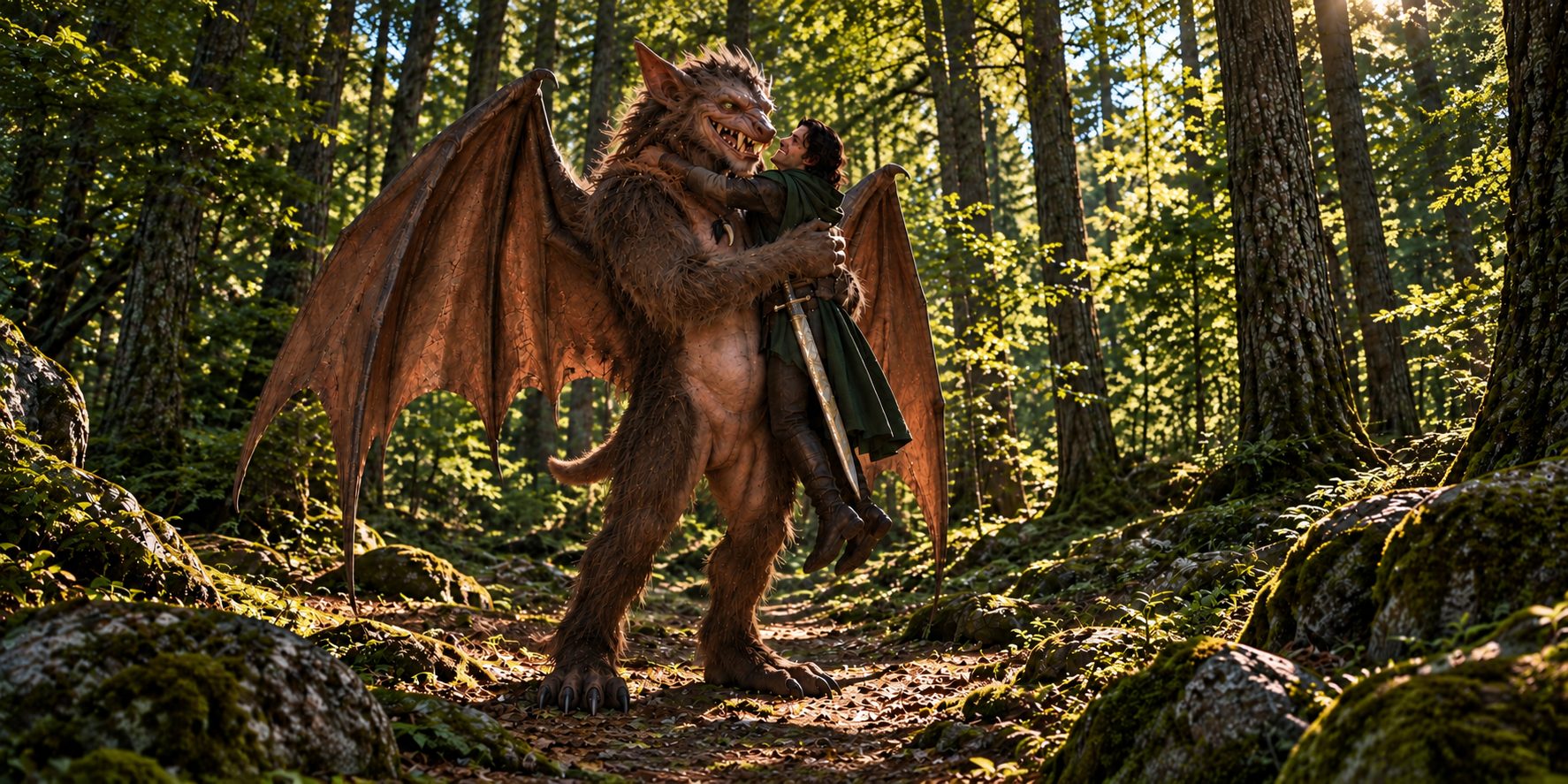 A great shaggy winged gar with glowing green eyes hugging a laughing man in a green cloak in a sunlit clearing, a dragon’s tooth and a lock of hair on a thong at its neck
