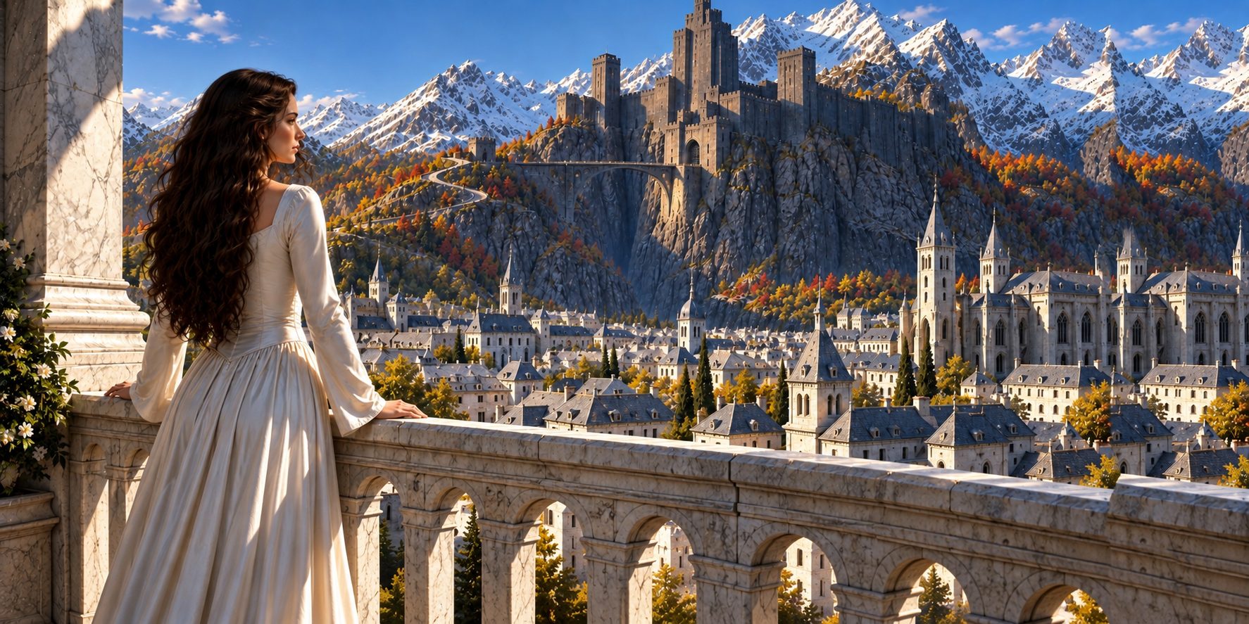 A woman in a plain white gown on a high balcony, long dark hair, a mountain fortress above a white city