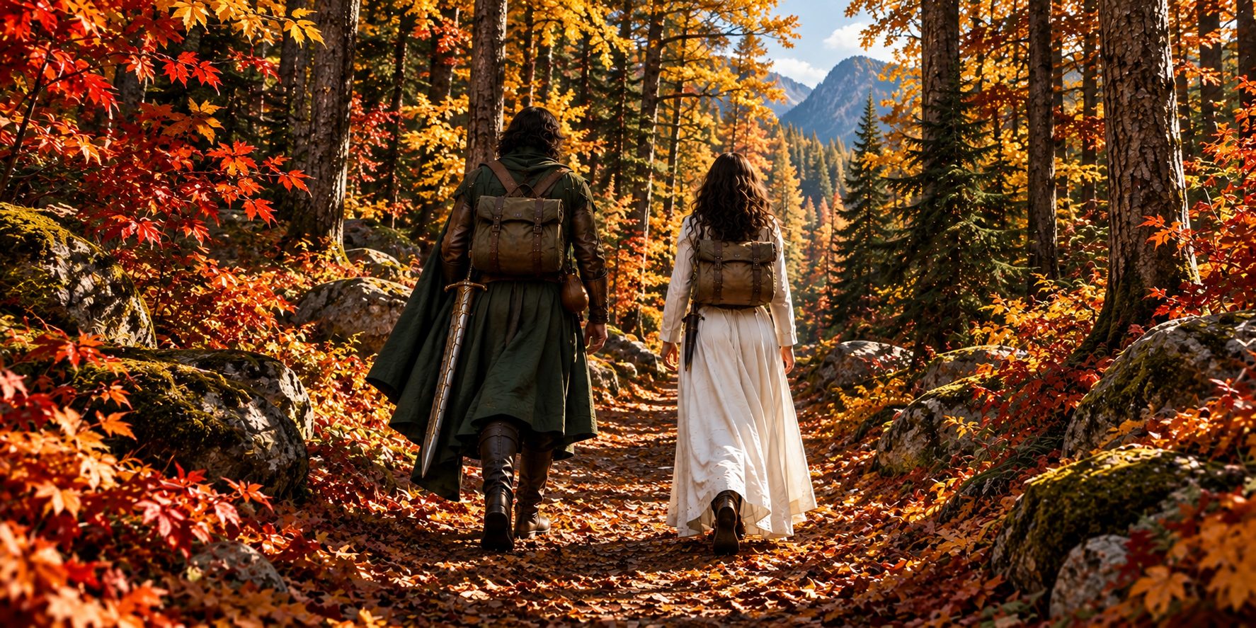 Two travelers seen from behind on a winding forest trail: a man in a green cloak with a pack and a sword at his back, a woman in a long white dress, the trail climbing toward mountains ahead of them