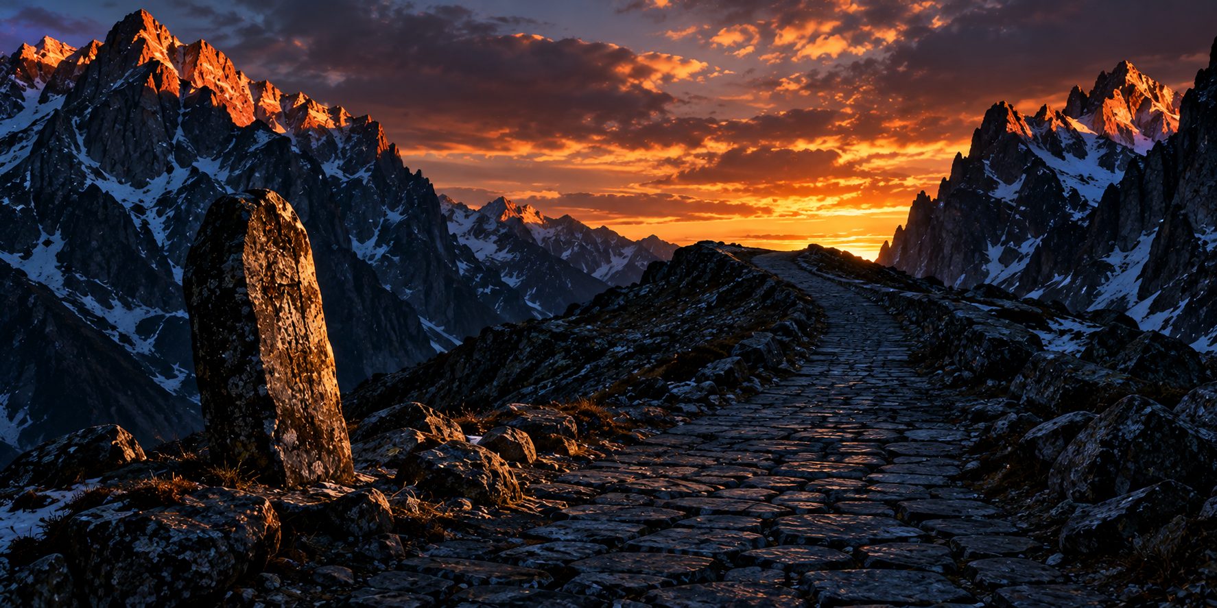 A standing stone beside a cobbled road climbing through snowy peaks, the last of the sunset on the summits ahead