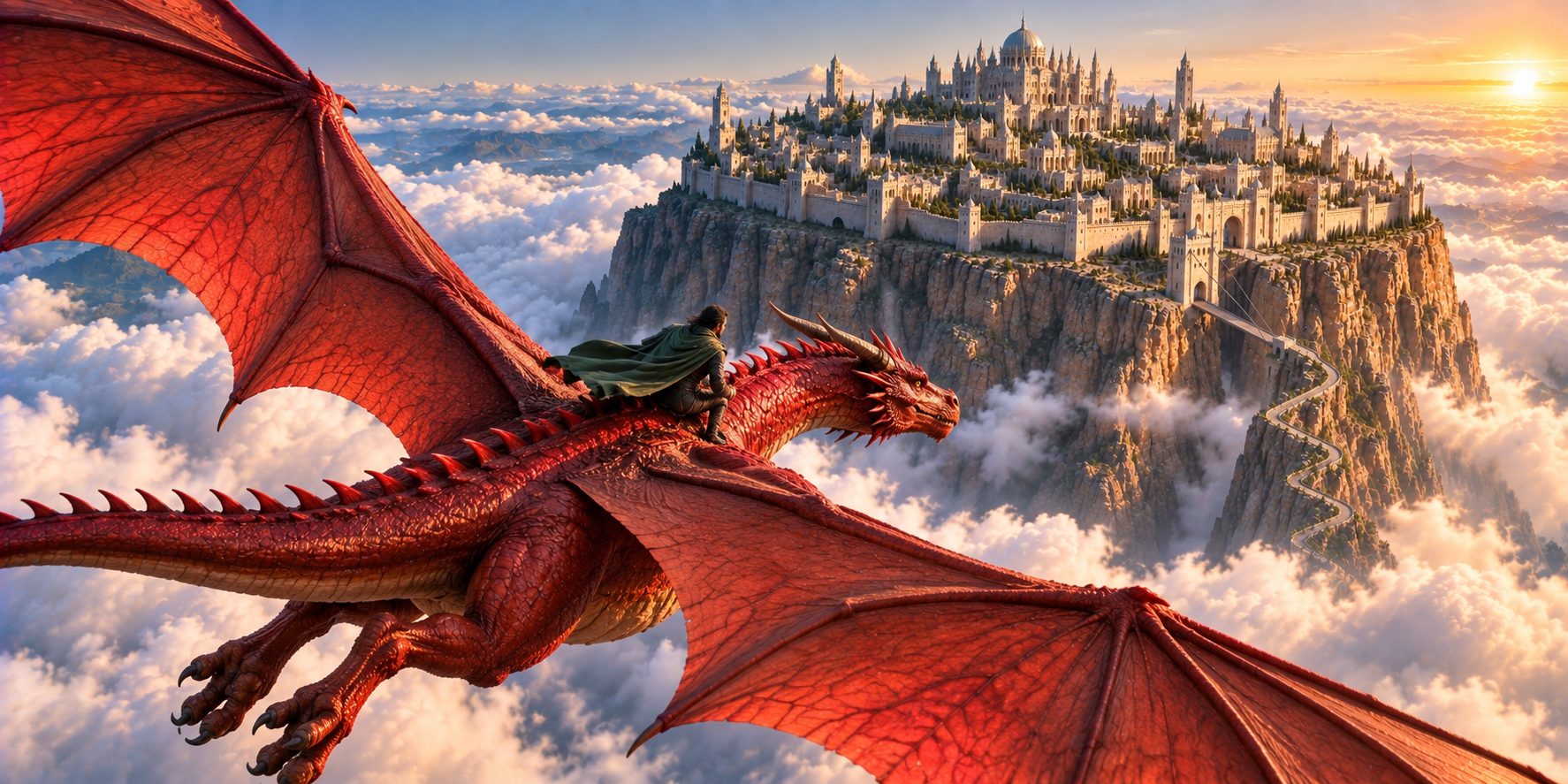 An enormous red dragon in level flight above an unbroken sea of cloud, wings spread the whole width of the picture, a small man in a green cloak astride the base of her neck, the pale palace on its plateau beyond her head in the light of a low sun