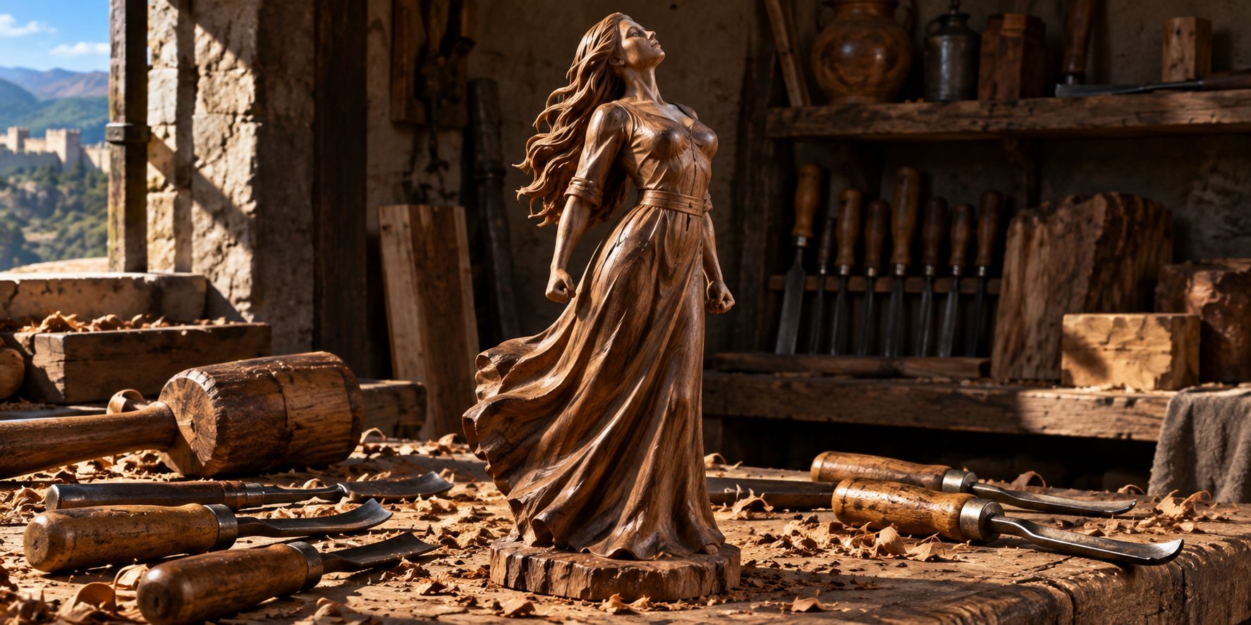 A carved walnut figure of a woman on a workbench among chisels and a mallet, her head thrown back, her fists closed at her sides