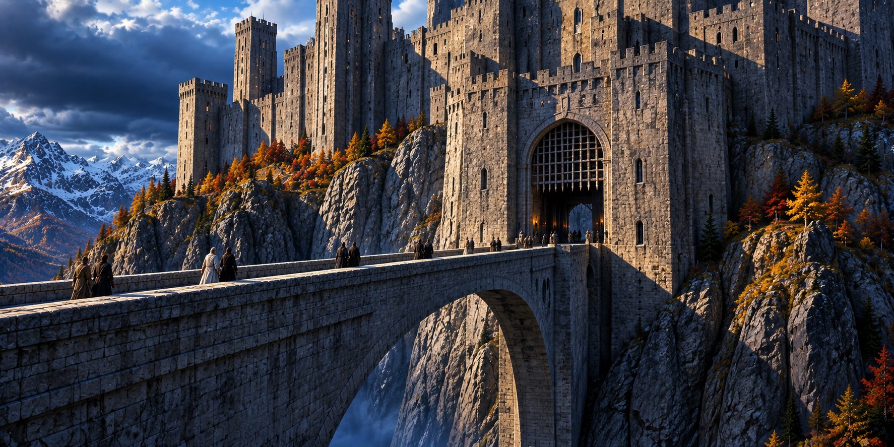 A massive stone bridge over a chasm leading to an iron portcullis in the wall of the Keep, its dark towers rising above